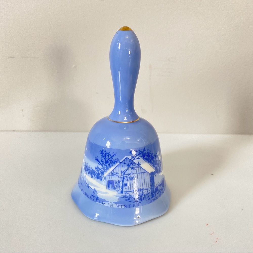 CURRIER & IVES Vintage "The Old Homestead In Winter" Blue Porcelain Bell